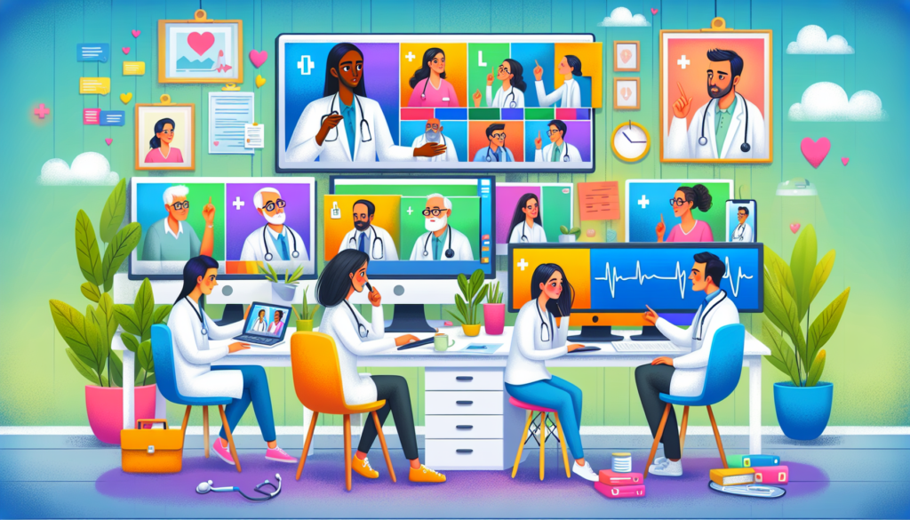 An illustration depicting future trends in remote work within the healthcare sector, including telehealth services.