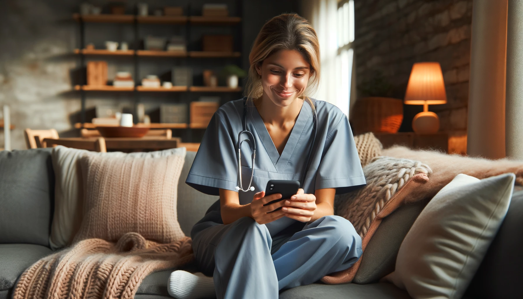 A nurse looks for home health visits to pick up from the SHIFTit app while she relaxes at home.