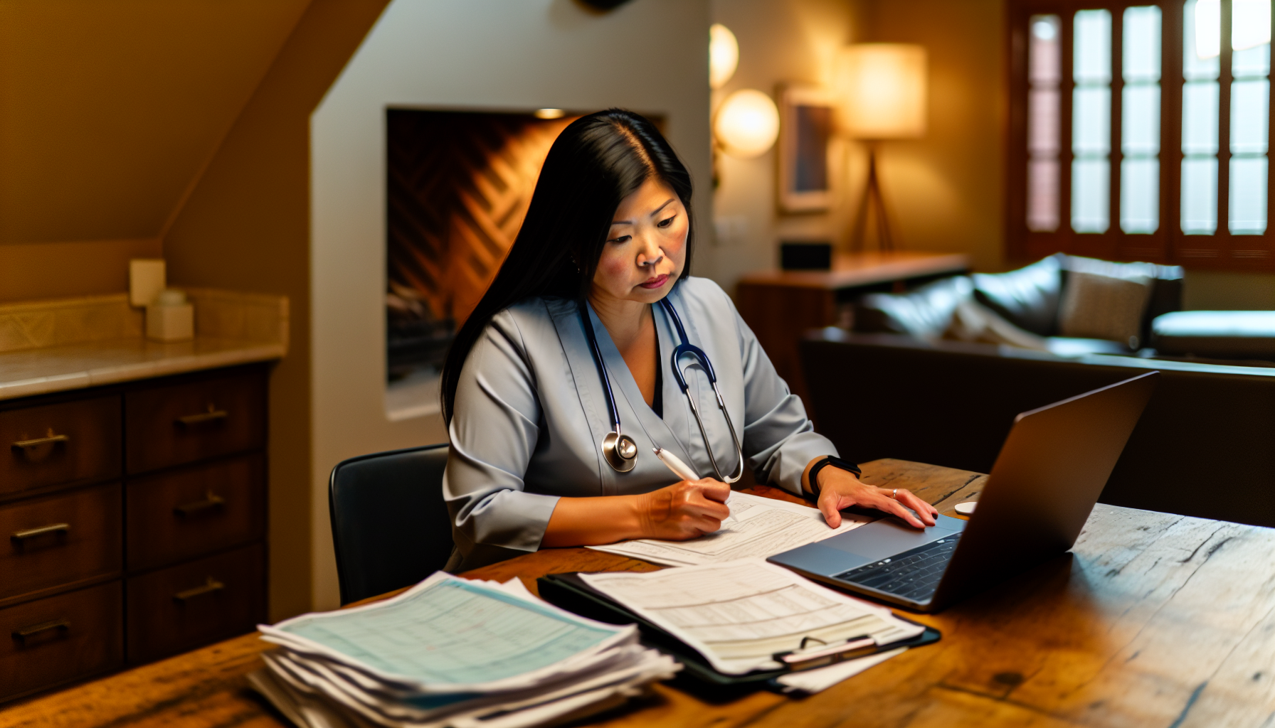 A healthcare professional reviewing clinical notes after a home health visit
