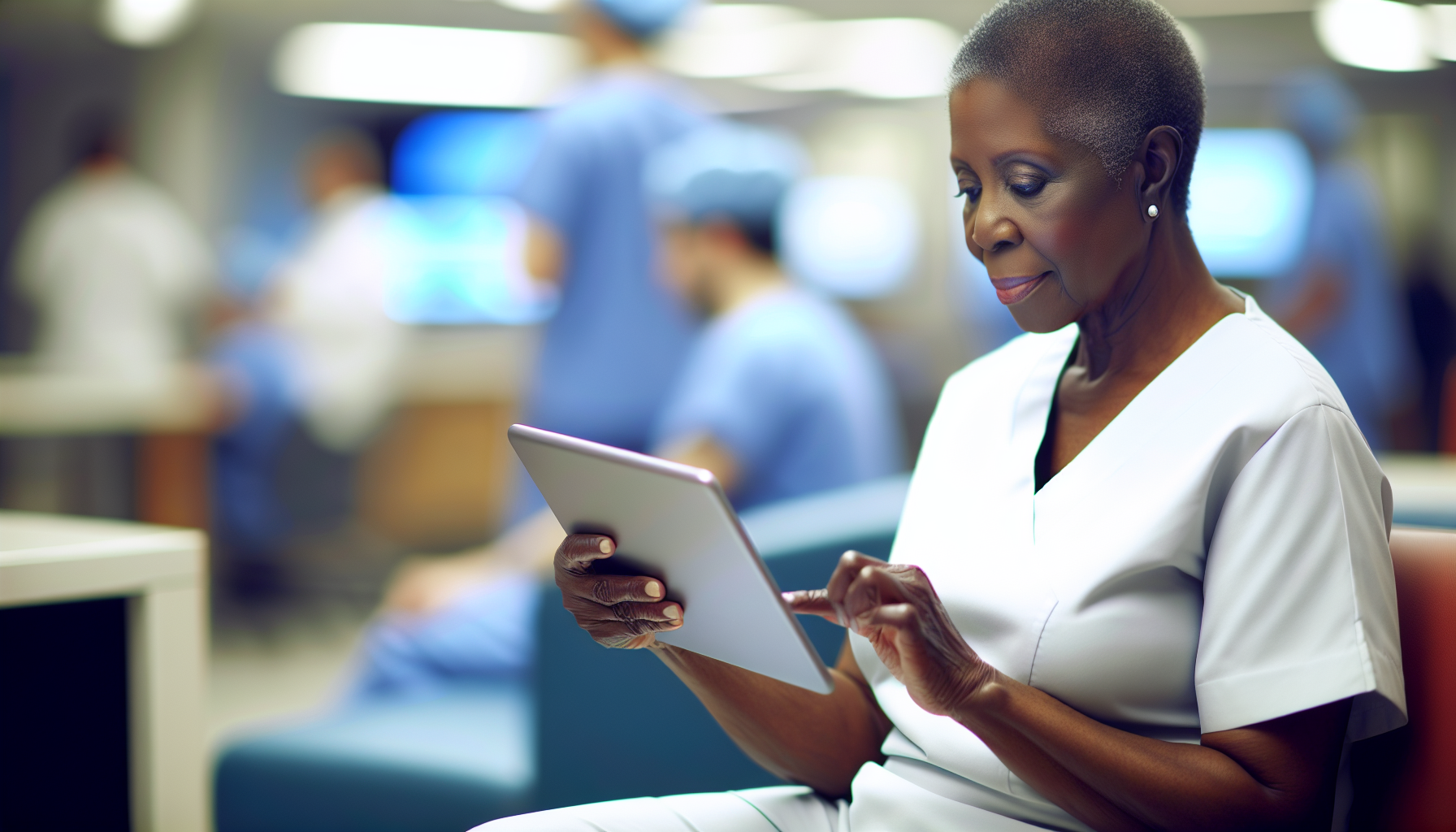 Healthcare worker checking self-managed schedule on digital tablet