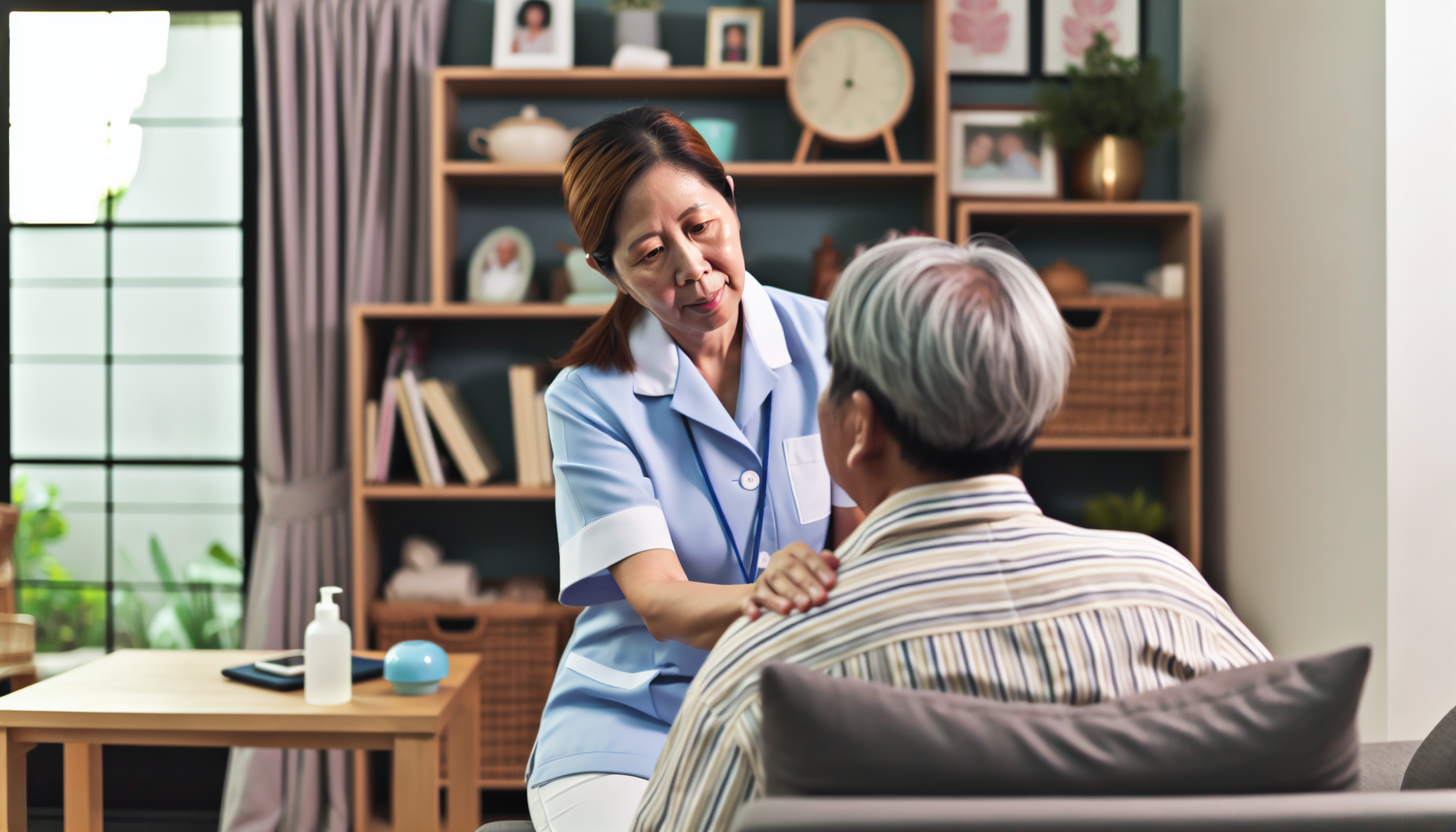 An elderly person receiving care at home from a home health aide